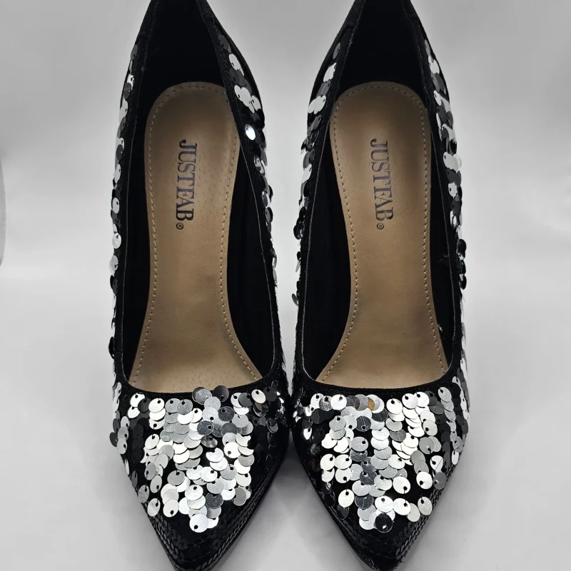 Black faux velvet suede sequin stiletto shoes JustFab