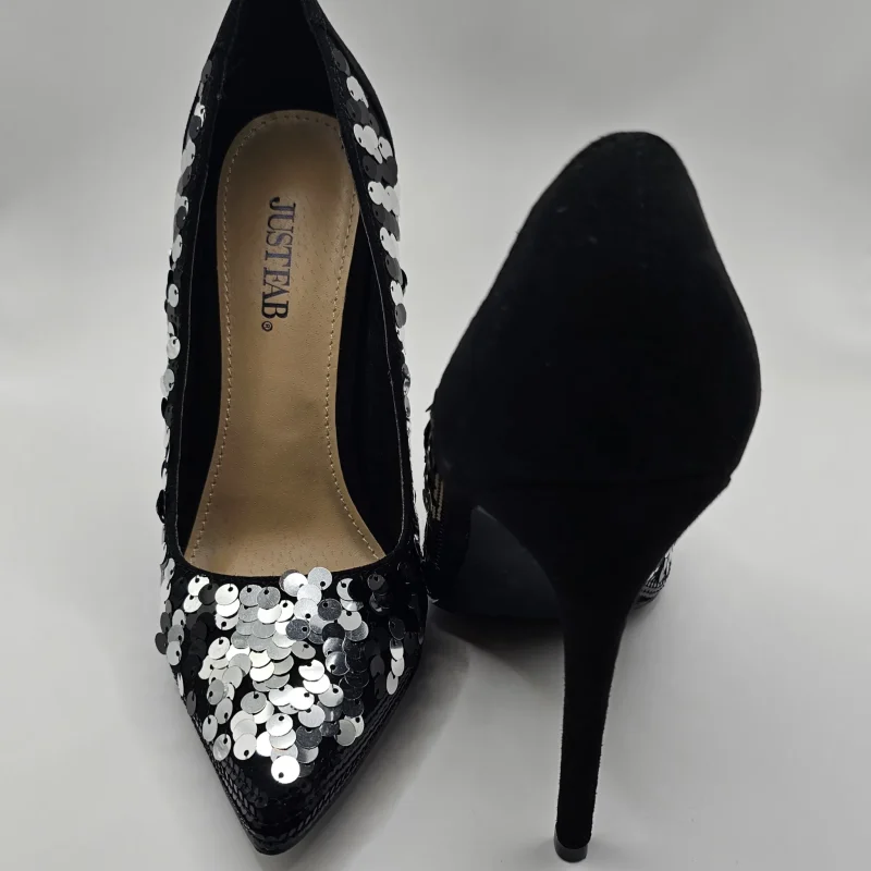 Black faux velvet suede sequin stiletto shoes JustFab