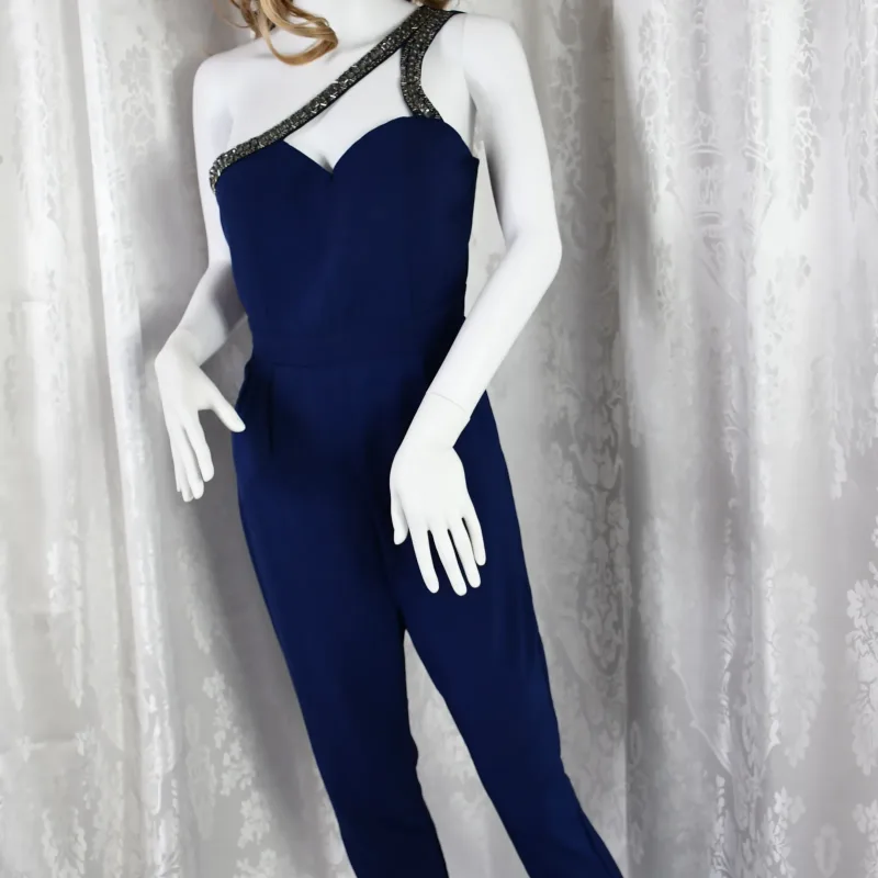 Little Mistress Navy Beaded Cut Out Jumpsuit