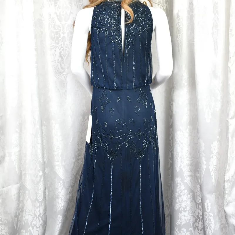 Adrianna Papell Navy Beaded Blouson Gown Size 8