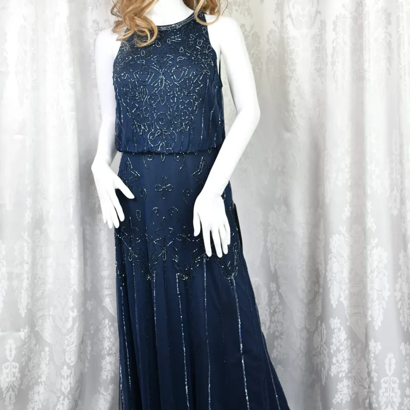 Adrianna Papell Navy Beaded Blouson Gown Size 8