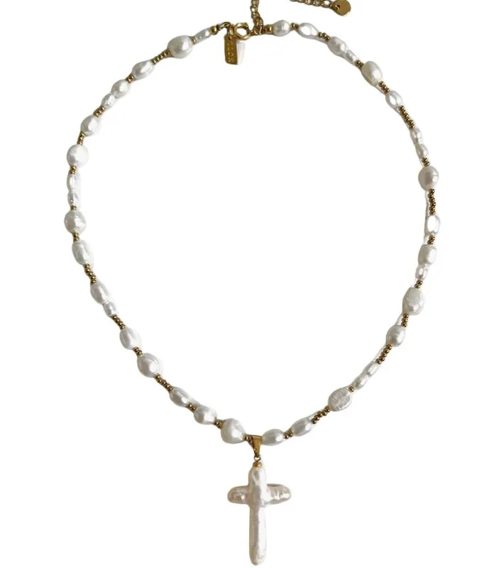 Neck on the Line Freshwater Pearl Cross Collar